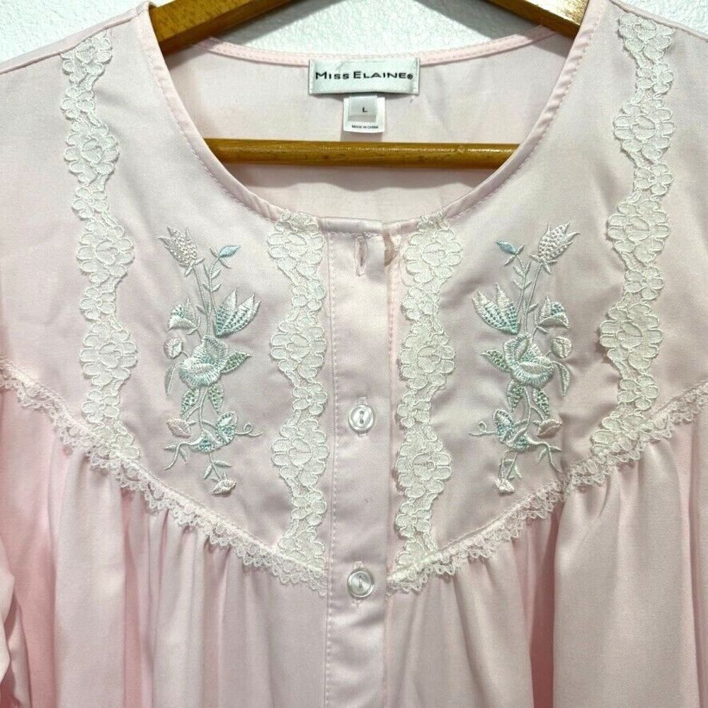 Miss Elaine Brushed Back/Satin Nightgown/LongSleeve/ Blush Pink w/Embroidery NWT - Picture 5 of 16